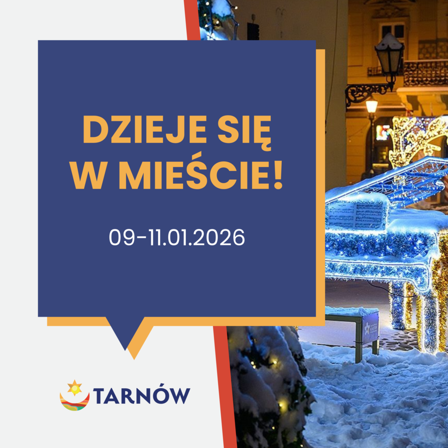 Na zdjęciu zasnieżona iluminacja fortepianu na rynku i napis "Dzieje się w mieście!"